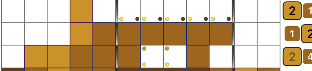 Close-up of LogiSketch's color-exclusion dots: small colored dots mark candidate colors ruled out for a cell