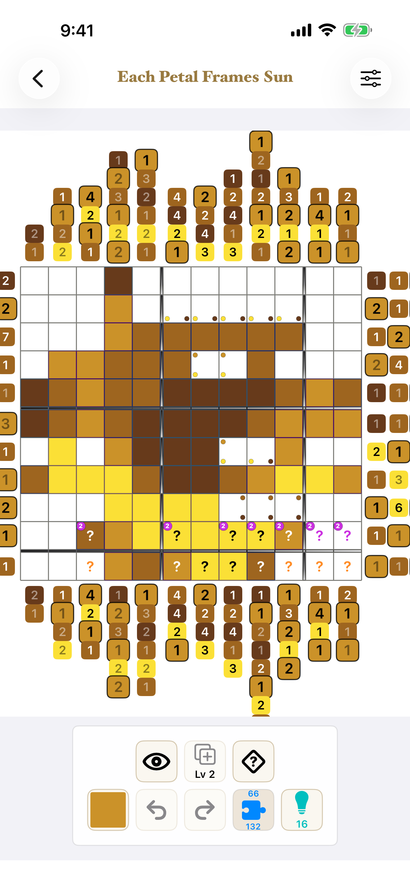 LogiSketch screenshot: 2.1's Advanced Marks in use -- color-exclusion dots and a stacked what-if level on a color nonogram