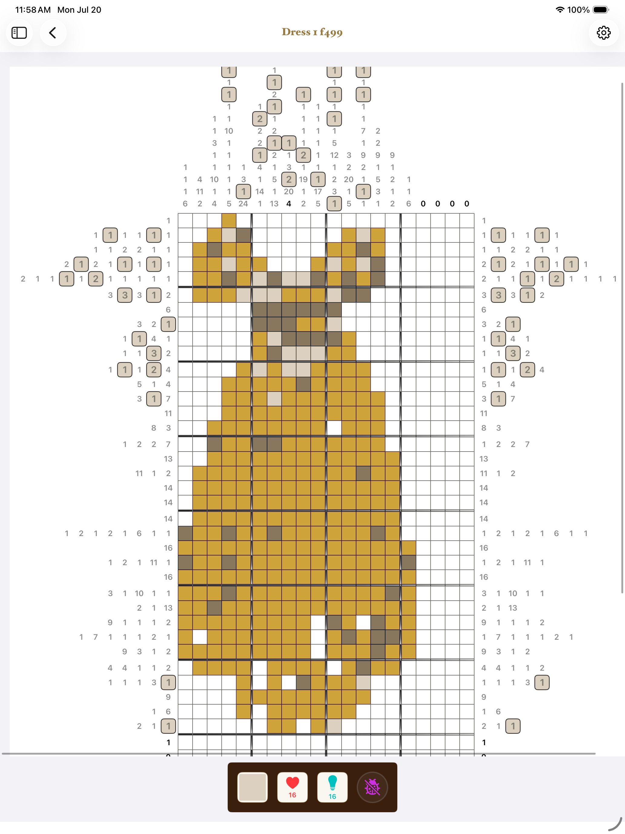 LogiSketch screenshot: a dense color nonogram mid-solve on iPad